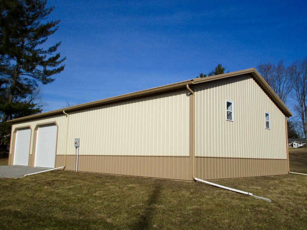 Dave - Columbia City, IN 32 x 64 x 12 Storage:shop building. Tan roof, trim and wainscoting with Ivory sides.