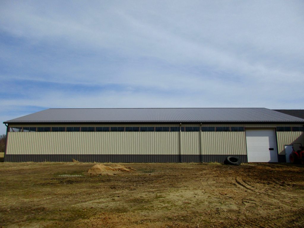 Jenell - South Bend, IN 72 x 120 x 16 Horse Riding Arena. Charcoal roof, trim, and wainscoting with Light Stone sides.