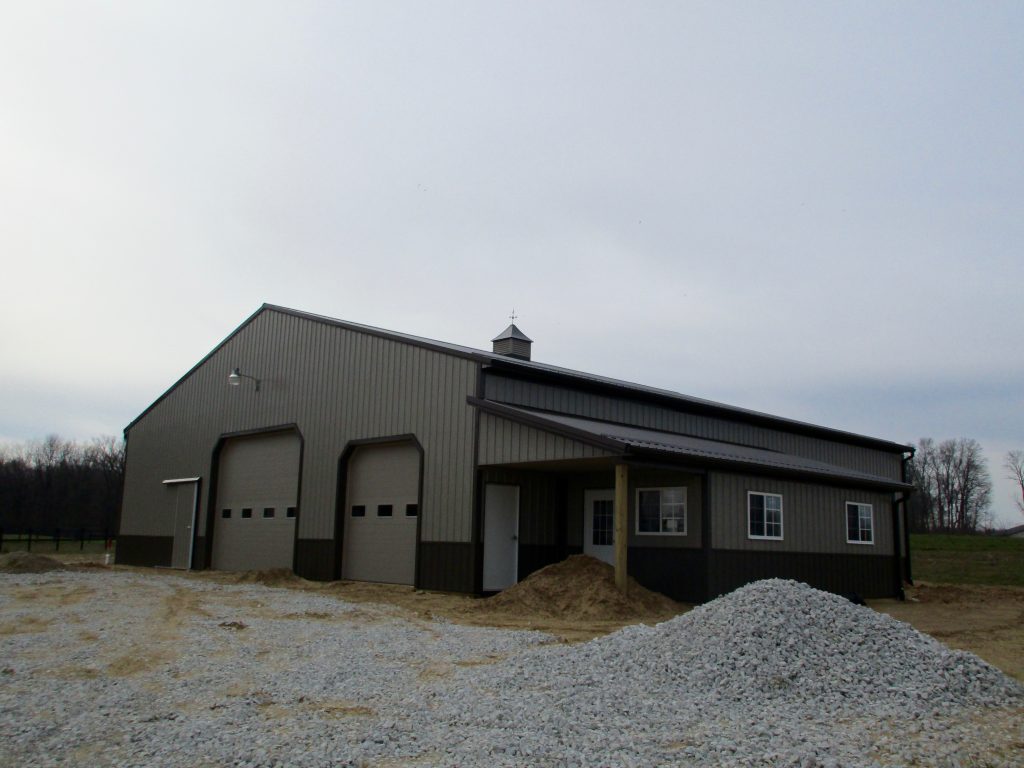 Lee - La Porte, IN 60 x 60 Farm Building with a 12 x 32 Lean To. Burnished Slate roof and wainscot with Taupe sides.