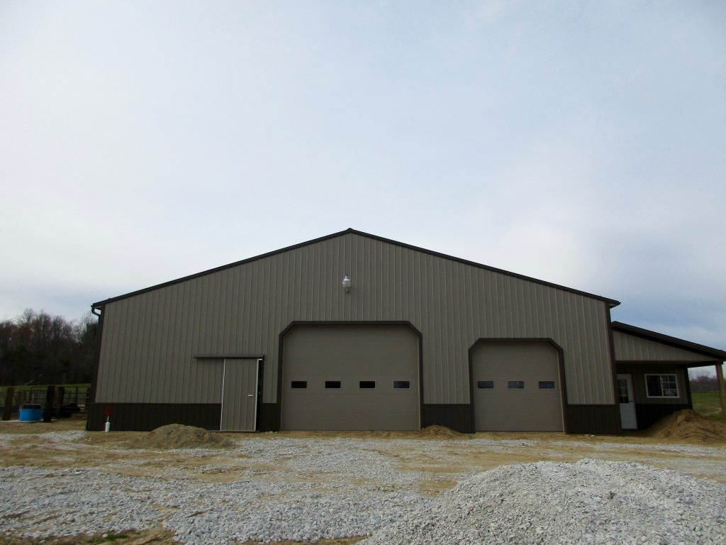Lee - La Porte, IN 60 x 60 Farm Building with a 12 x 32 Lean To. Burnished Slate roof and wainscot with Taupe sides.