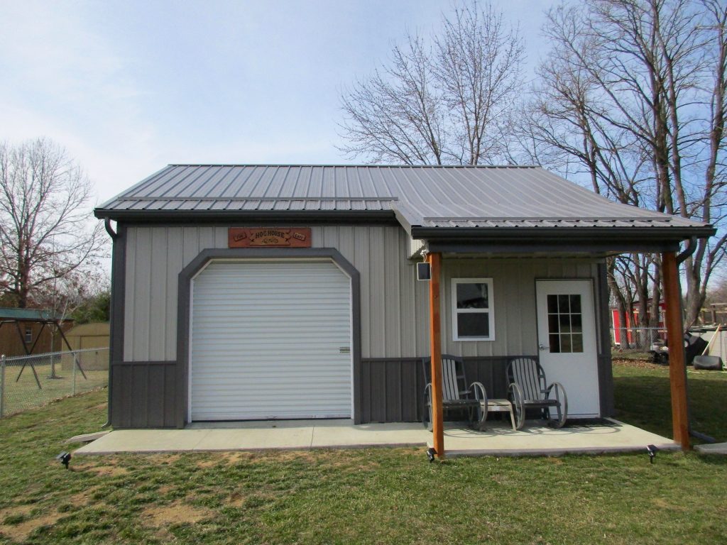Tim and Lori - Mishawaka, IN 20 x 24 x 10 Garage with 6 x 10 porch. Charcoal roof, trim, and wainscoting with Gray sides.